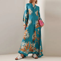 Ethnic Retro Spring Print Boho Long  Stand Collar Lace-up Party Long Sleeve Loose  Maxi Dress