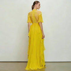 Chiffon  High Collar Short Sleeves Long A-Line Lace Dress