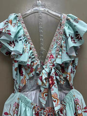 Vintage Print Fly-sleeve V-neck elastic high-waisted dress