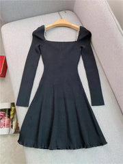 Square Collar Knit Black Rhinestone Trim Elegant Long Sleeve Mini Dress