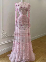 Beaded Crystals  Long Sleeves A Line  Maxi  Dress