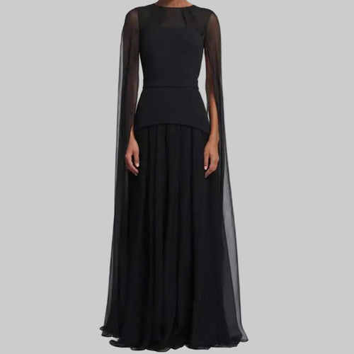 Elegant Black Chiffon With Sheer Cape Sleeves Maxi Dress