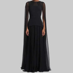Elegant Black Chiffon With Sheer Cape Sleeves Maxi Dress