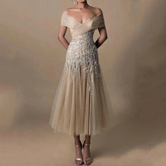 Champagne Elegant Vine Embroidery Off Shoulder Dress