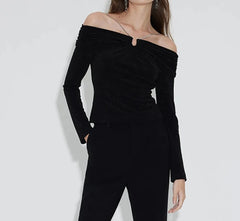 One-shoulder Chain Silver Silk Top