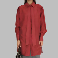 Loose Lapel Long Sleeve Shirt Elegant Classic Tie See Through Top