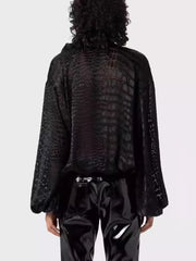 Chic Spliced Crocodile Pattern Blouse V Neck Long Sleeved Shirt