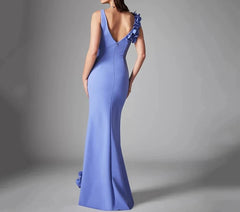 Round neck straight satin 3D flowers slim-fit backless dress