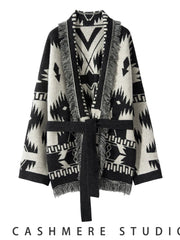Vintage Tassels Cardigan  Cashmere Knit Jacquard Sweater Coat