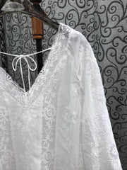 Lace Blouse White Deep V-Neck Embroidery Loose Lace Top