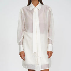 Loose Lapel Long Sleeve Shirt Elegant Classic Tie See Through Top