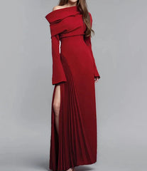 Slask Neck Flare Sleeves Waist Retraction Spliced Pleated Ankle-length Dress