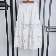 Embroidery Hollow Out Set O-Neck Sleeveless Single Breasted Blouse or Sweet A-Line Midi Skirt Set