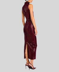 Elegant Diamonds Stand Collar Sleeveless Back Double Zipper Split Dress