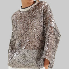 Heavy Fish Scale Sequins Hollow Round Neck Long Sleeve Top
