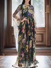 Printing bat sleeve flowing long dress