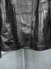 Genuine Leather Suit Collar  Short Sleeves Zipper Sashes Pocket Jackte
