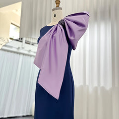 Navy Blue Satin Mermaid  with Lilac Bow Formal Dress