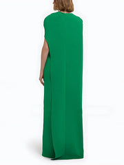 Floor Length Gown Draped Cape One Shoulder With High Slit Dress