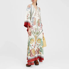 Ethnic Retro Spring Print Boho Long  Stand Collar Lace-up Party Long Sleeve Loose  Maxi Dress