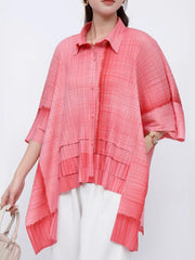 Solid Straight Grid Stand Collar Long Sleeve Patchwork Button Top