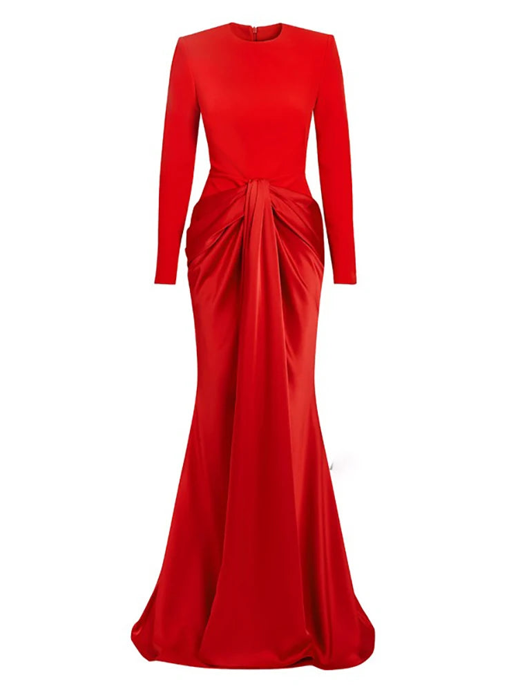 O-neck Long Sleeve Pleated Floor Length Waist Elegant Dress