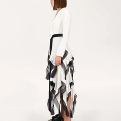 Spliced Mesh Chic Blazer Lapel Long Sleeve Spliced Button Elegant Long Dress