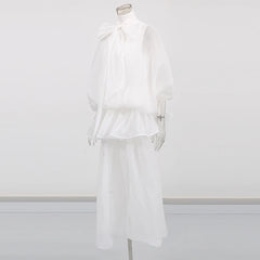 Solid Loose Spliced Bow Tunic Half High Neck Short Sleeves Patchwork Ruffles Dress