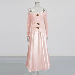 Elegant Patchwork Metal Strapless Off Shoulder Sleeve High Waist Dress
