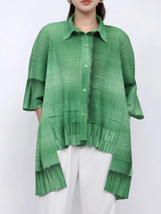 Solid Straight Grid Stand Collar Long Sleeve Patchwork Button Top