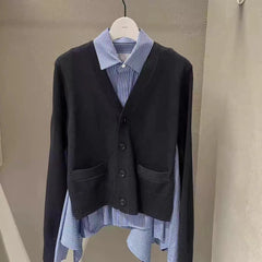 Lapel splicing long-sleeved shirt knitted cardigan Top