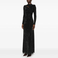 Rhinestone Pleated Round Neck Long Hollow Cut Dress