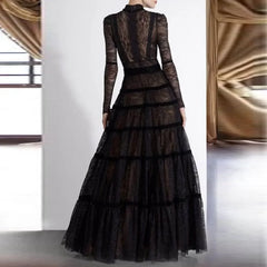 Elegant Black A-line Luxury Lace Tiered Dress