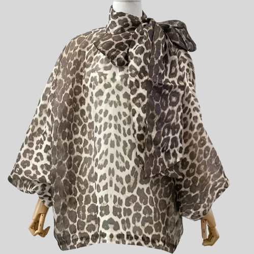 Linen Silk Bow Tie Turtleneck Brown Leopard Print Full Lantern Sleeve Top
