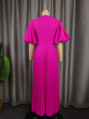 Round Neck Hollow Out Elegant Lantern Short-Sleeved High-Waisted Pleated Maxi Dress