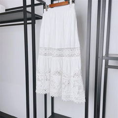 Embroidery Hollow Out Set O-Neck Sleeveless Single Breasted Blouse or Sweet A-Line Midi Skirt Set
