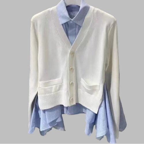 Lapel splicing long-sleeved shirt knitted cardigan Top