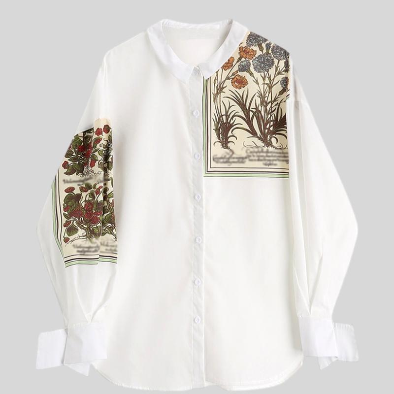White Print Casual Blouse New Lapel Long Sleeve Loose Fit Shirt