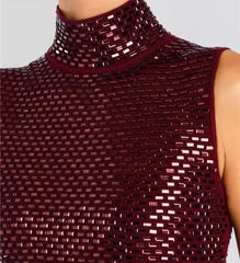 Elegant Diamonds Stand Collar Sleeveless Back Double Zipper Split Dress