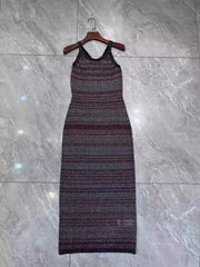 Striped Sequined Round Neck Sleeveless Elegant Slim Knitted Maxi Dress