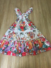 Vintage Print Fly-sleeve V-neck elastic high-waisted dress