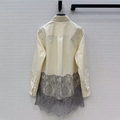 Loose Sweet Long Shirt Women Lapel Long Sleeve Lace Patchwork  Top