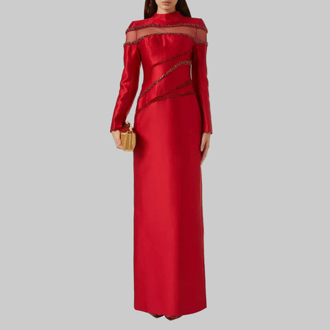 Flare Sleeves Pleated Fuchsia Formal Beading V Neck Dress