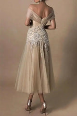 Champagne Elegant Vine Embroidery Off Shoulder Dress