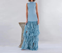 Elegant Blue Ruffled Chiffon High Neck Stretch Silk Dress