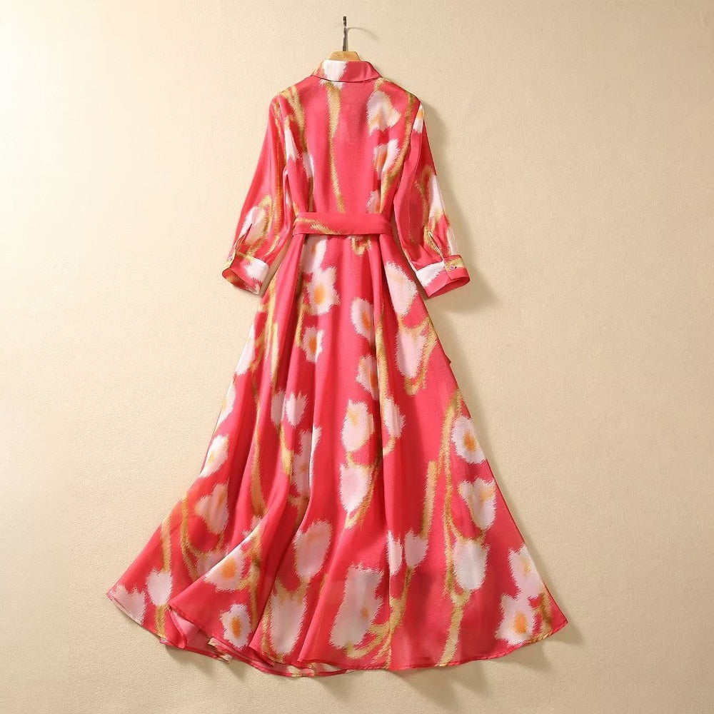 Pink Floral Printed Elegant Long Sleeve Pleated Maxi Dress