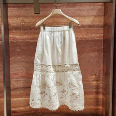 Embroidery Hollow Out Set O-Neck Sleeveless Single Breasted Blouse or Sweet A-Line Midi Skirt Set
