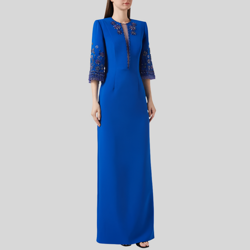 Straight Luxury Beads Crystals Round Neck 3/4 Sleeves Royal Blue Dress