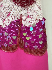 Beaded Sequin Three-Dimensional Flower Short Sleeved Midi Dress