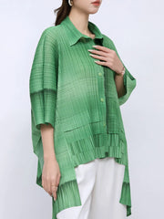 Solid Straight Grid Stand Collar Long Sleeve Patchwork Button Top